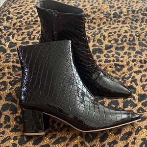 Womens Brown Croc Patent Ankle Boots